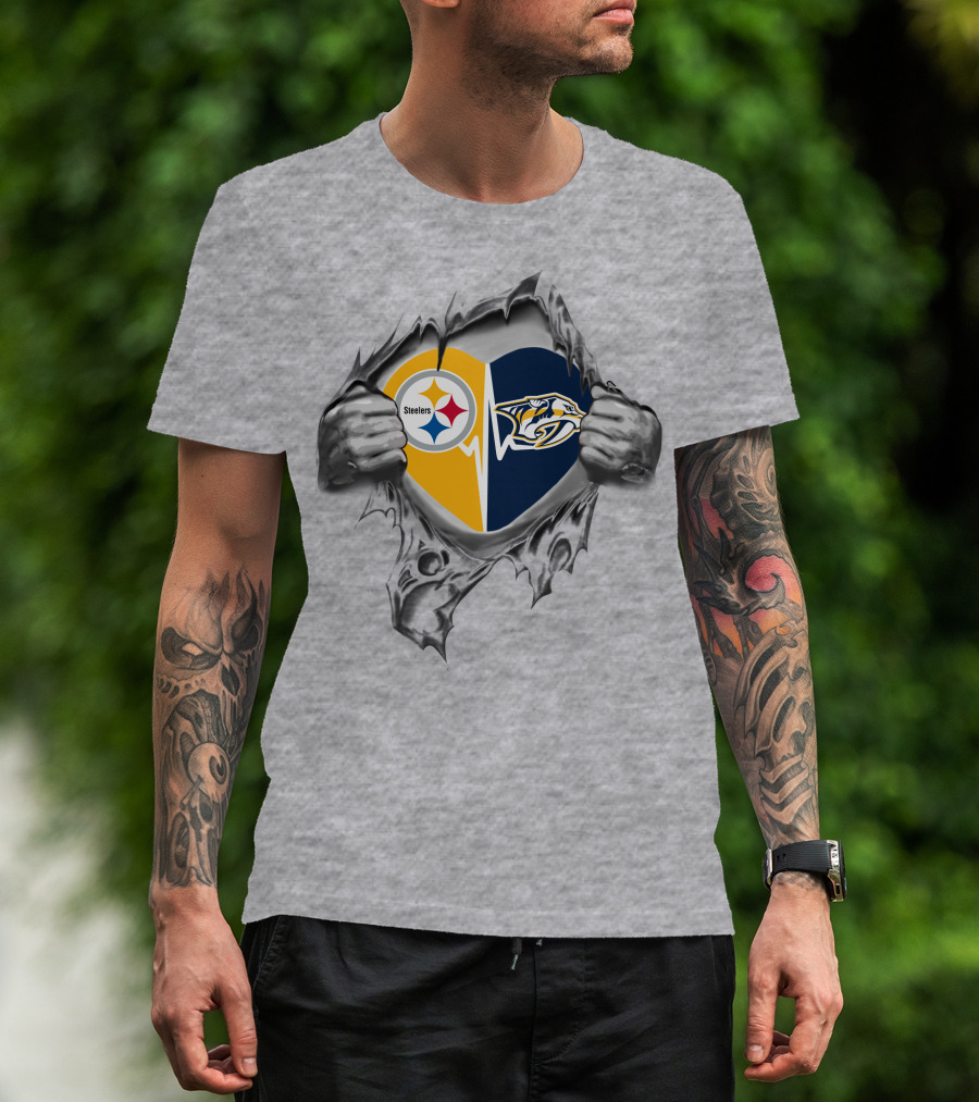 Steelers Nashville Predators Heart Logo Busting Through T-Shirt