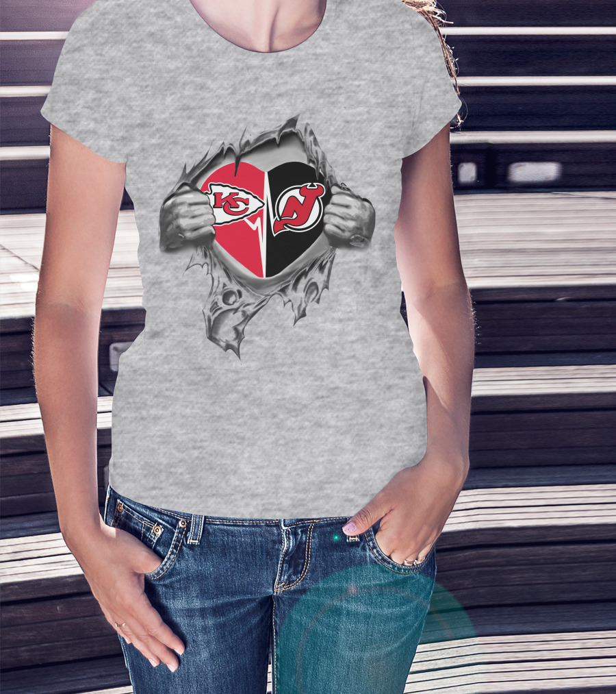 Chiefs New Jersey Devils Heart Symbol With Logos And Torn T-Shirt