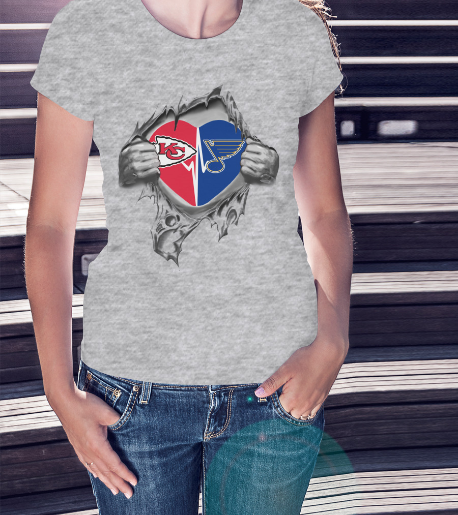 Chiefs Heart With St Louis Blues Logo Tear T-Shirt