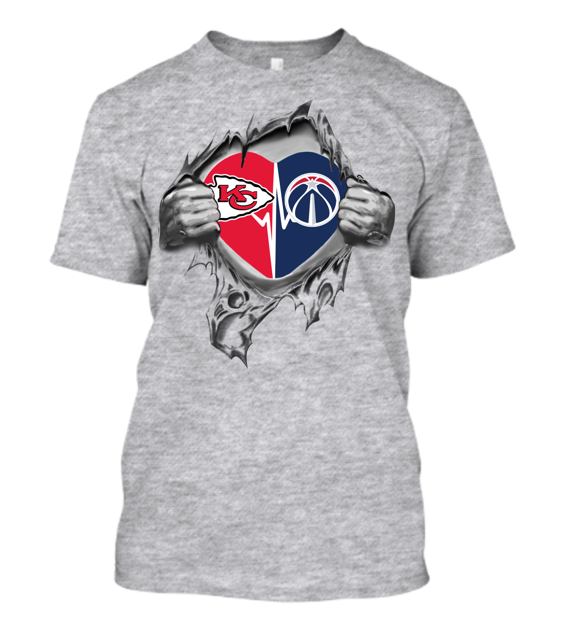 Chiefs Washington Wizards Heart Design Featuring Logos Inside Ripped T-Shirt