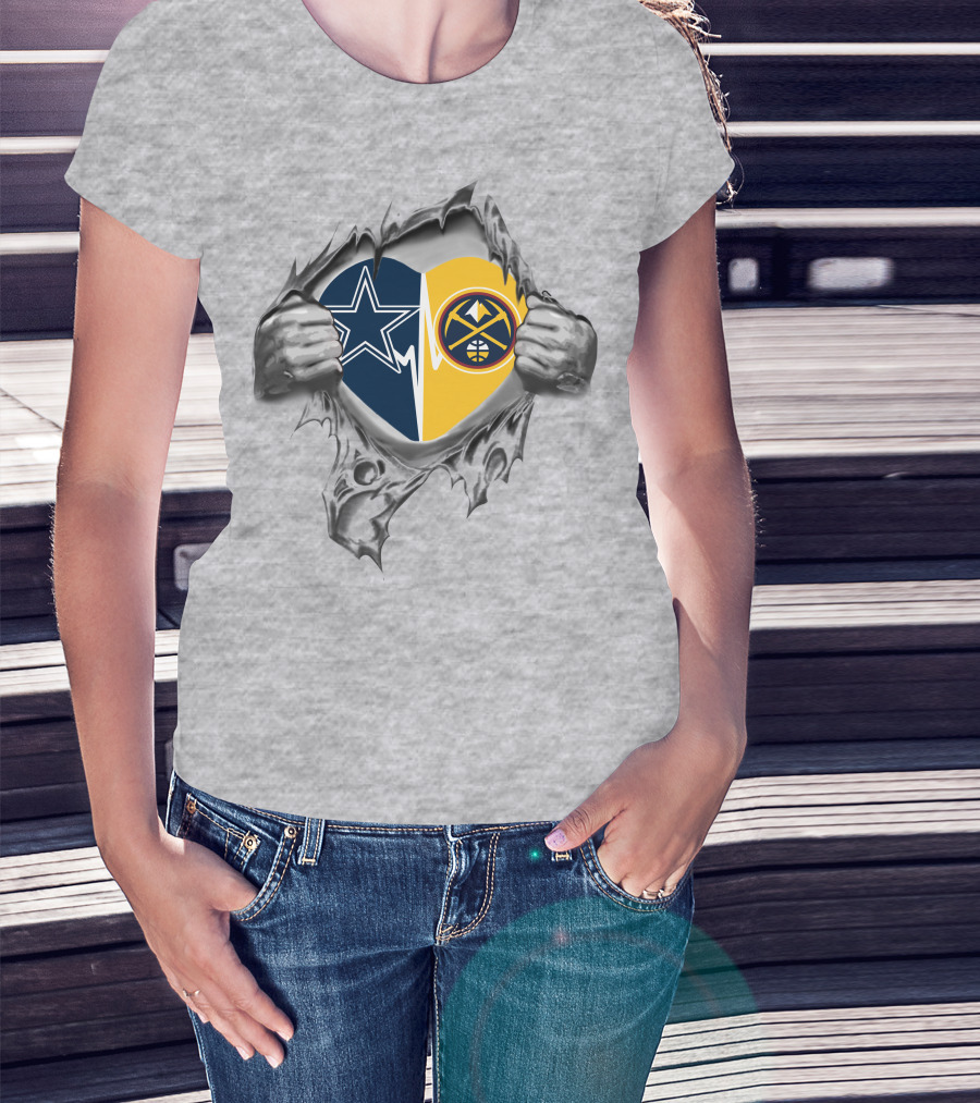 Cowboys Denver Nuggets Heart Design Featuring Team Logos And Hands T-Shirt