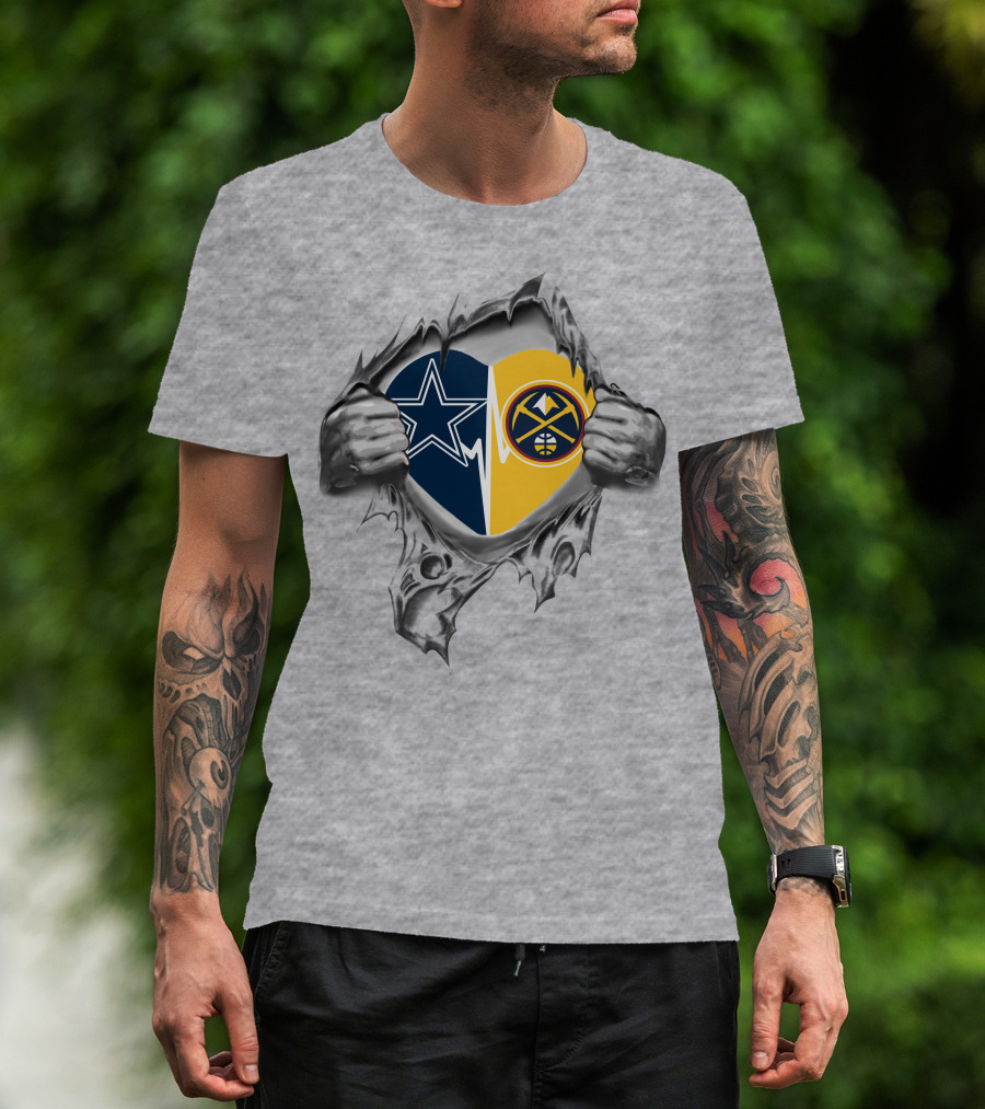 Cowboys Denver Nuggets Heart Design Featuring Team Logos And Hands T-Shirt