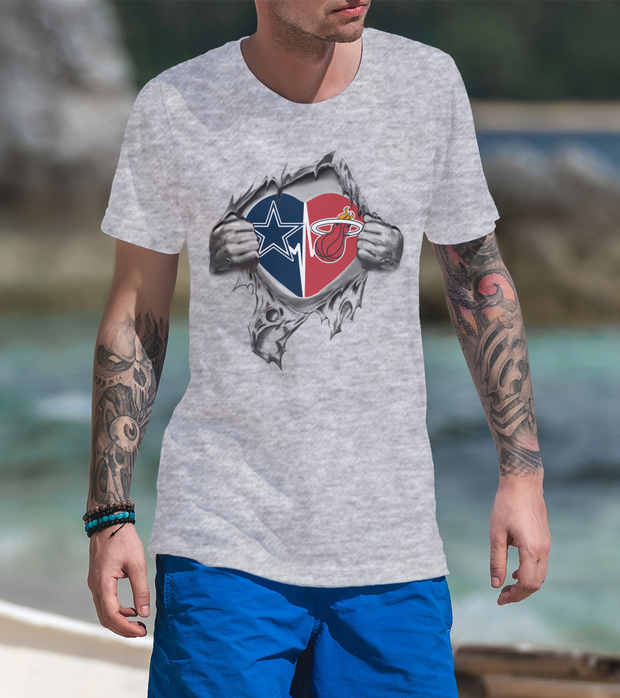 Cowboys Miami Heat Heart Star And Flaming Basketball Fusion T-Shirt