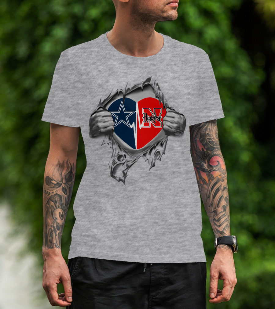 Cowboys-Nebraska Cornhuskers Heart Design Featuring Team Logos T-Shirt