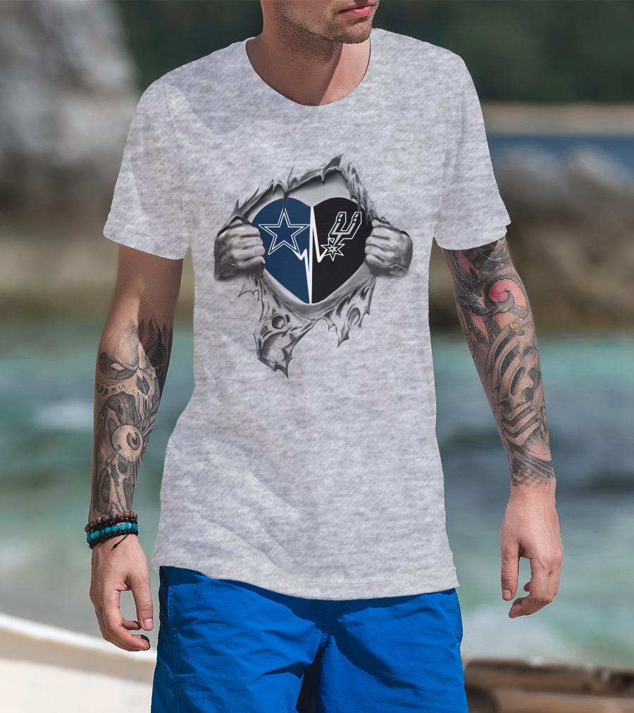 Cowboys San Antonio Spurs Heart Design With Torn Fabric And Holding Hands T-Shirt