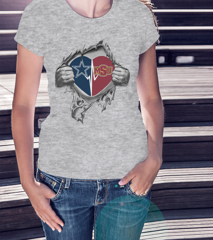 Cowboys Msu Heart Rip Design Texas Football Team Pride T-Shirt