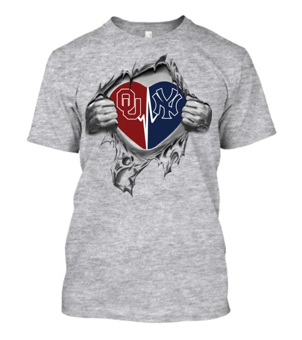 Ou Sooners And Ny Yankees Heart Tear T-Shirt