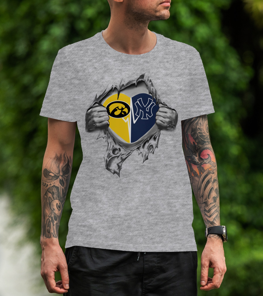 Yankees Hawkeyes Heart Design Featuring Iowa And New York Logos T-Shirt