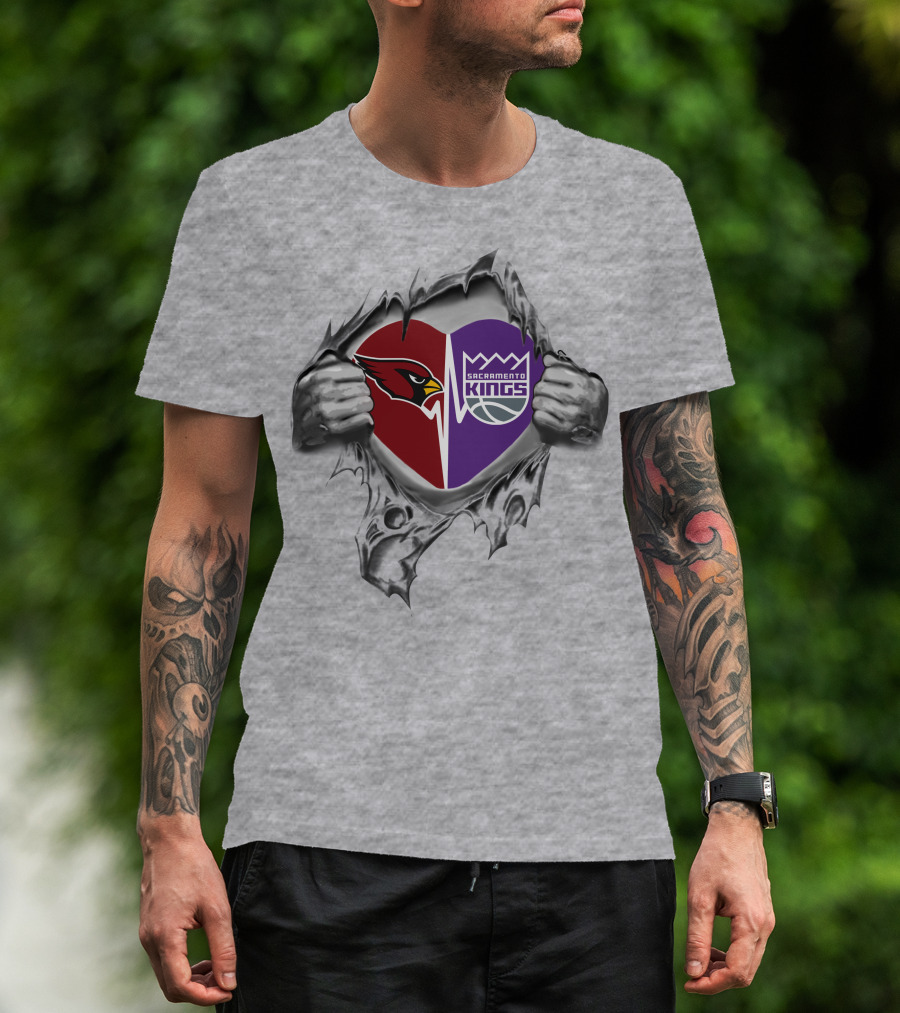 Cardinals Sacramento Kings Heart With Logos Tearing Through Gray T-Shirt