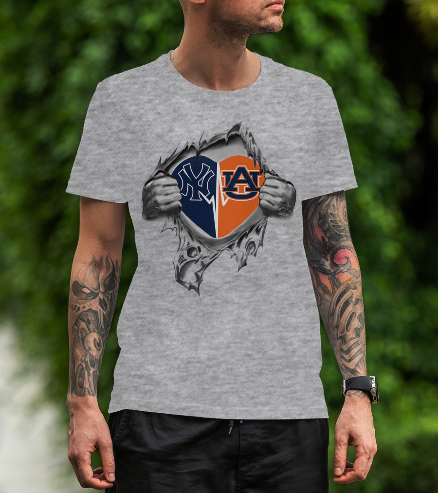 Yankees Auburn Heart Divided With Logos And Hands T-Shirt