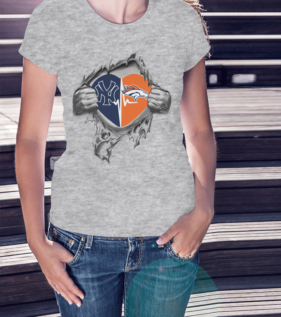 Yankees Denver Broncos Heart Logo With Ripped Effect T-Shirt