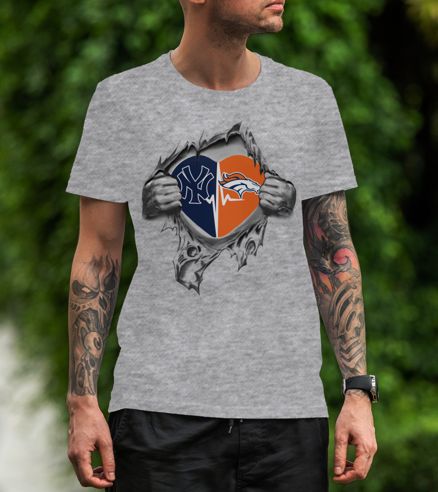 Yankees Denver Broncos Heart Logo With Ripped Effect T-Shirt