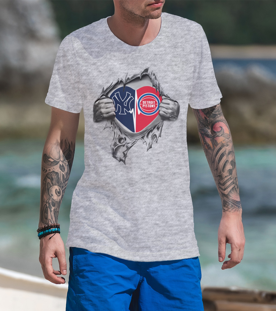 Yankees Detroit Pistons Heart Design With Logos Torn Fabric Effect T-Shirt
