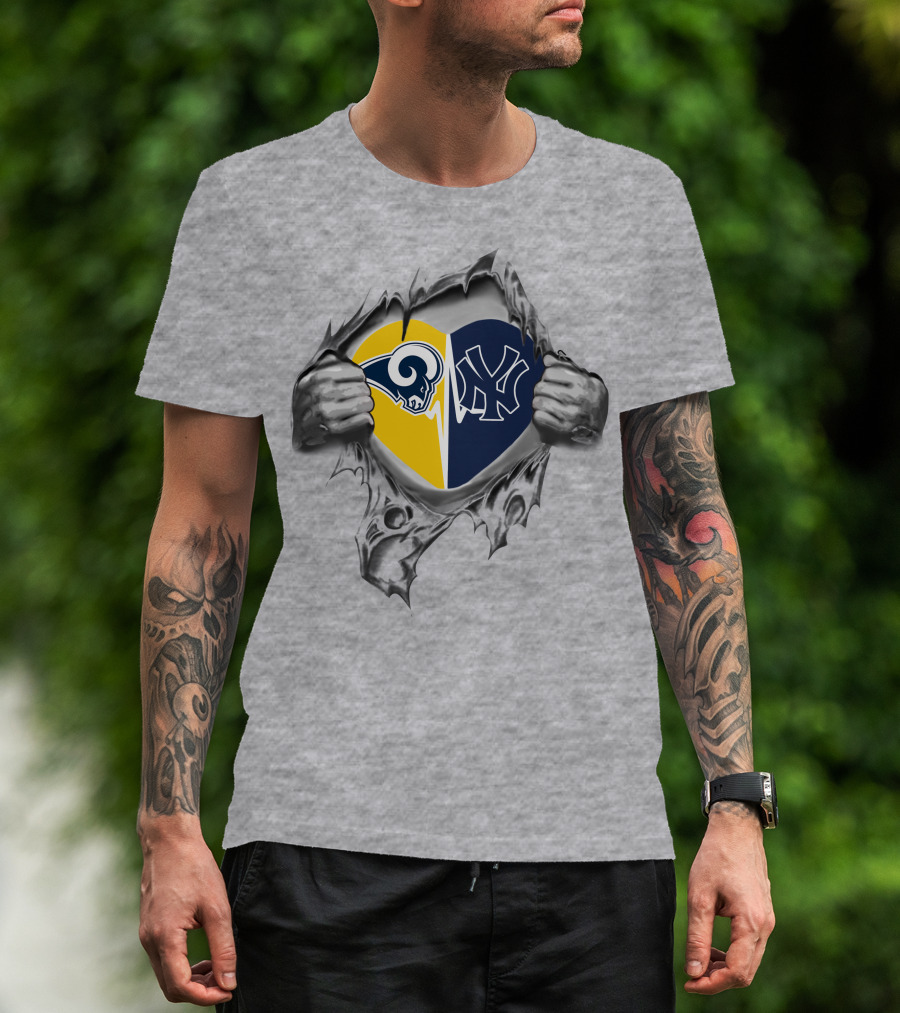 Yankees Los Angeles Rams Heart Symbol In Torn T-Shirt