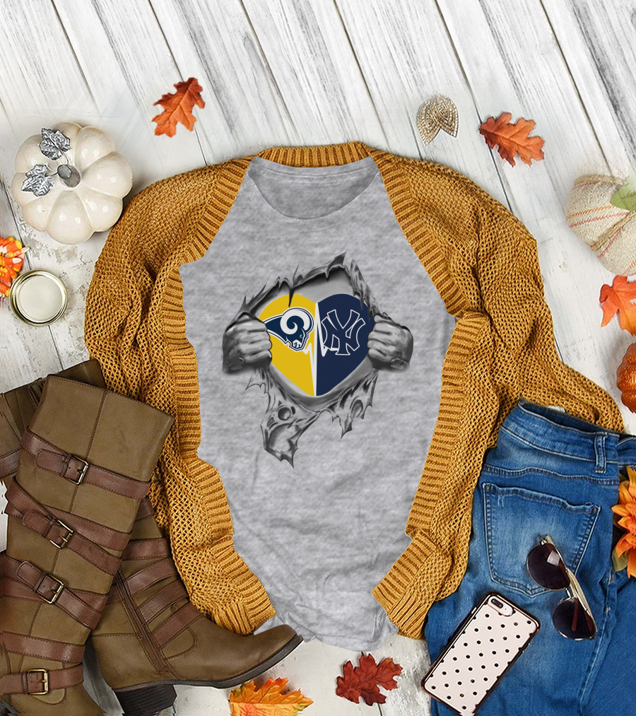 Yankees Los Angeles Rams Heart Symbol In Torn T-Shirt