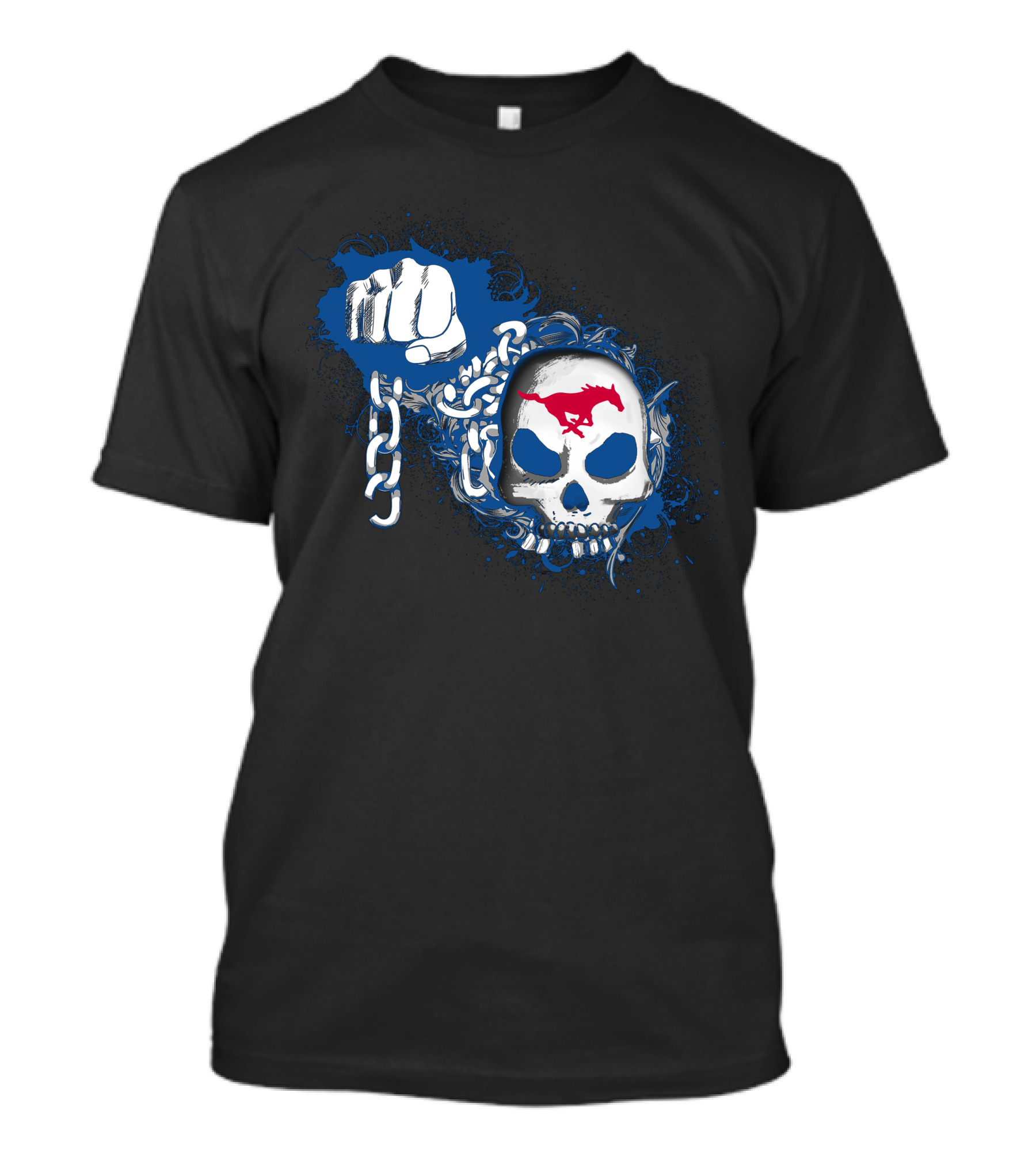 Smu Mustangs Skull With Chains And Red Horse T-Shirt