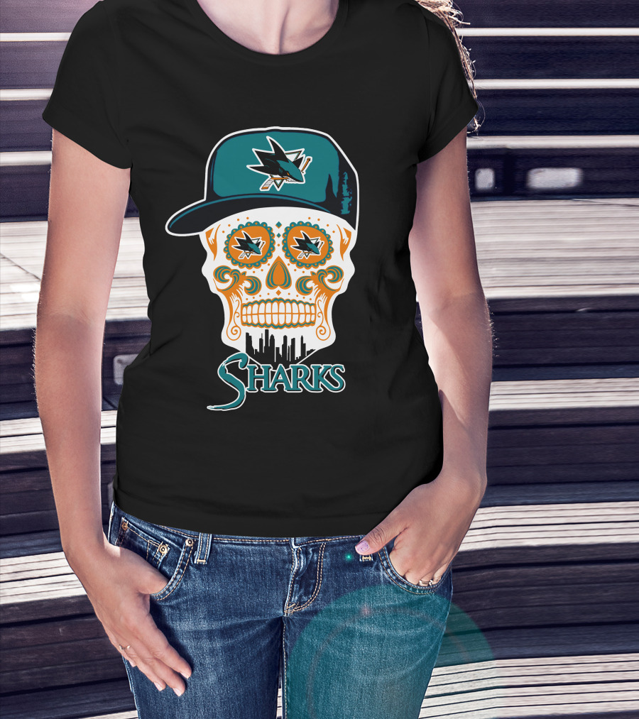 San Jose Sharks Sugar Skull Logo With Hat And City Skyline T-Shirt