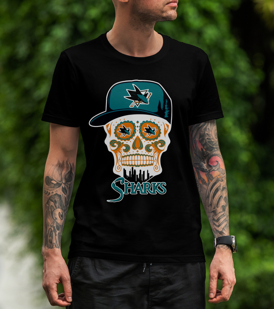 San Jose Sharks Sugar Skull Logo With Hat And City Skyline T-Shirt