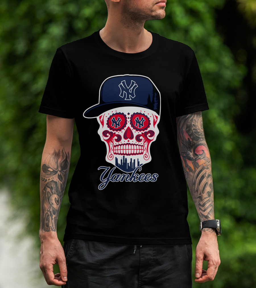 New York Yankees Skull Cap Design With Bold Logo And Cityscape Motif T-Shirt