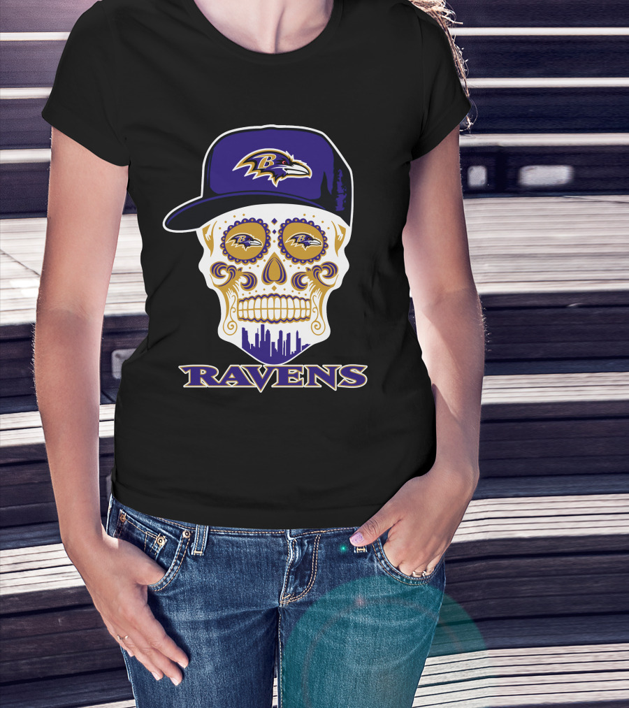 Baltimore Ravens Skull With Cap And Logo Elements T-Shirt