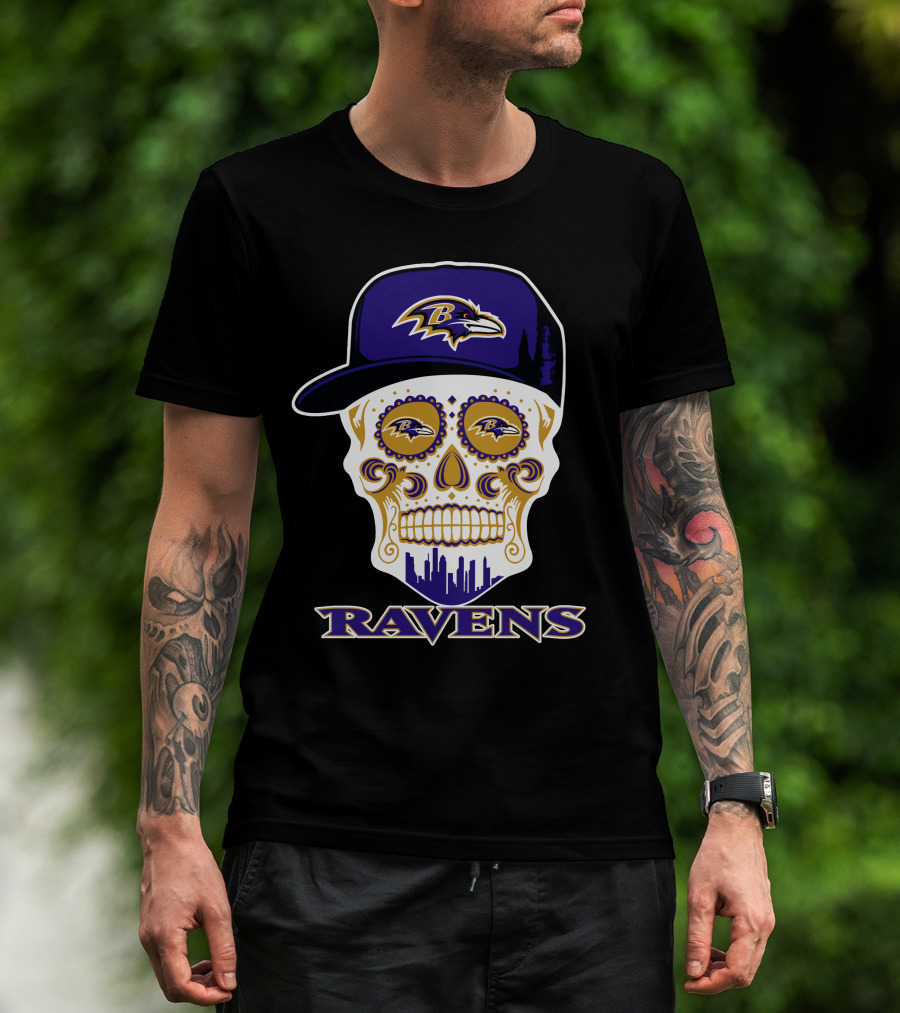 Baltimore Ravens Skull With Cap And Logo Elements T-Shirt