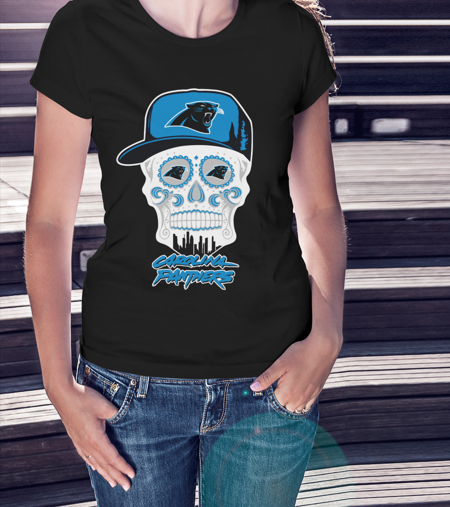 Carolina Panthers Skull With Hat And Skyline T-Shirt