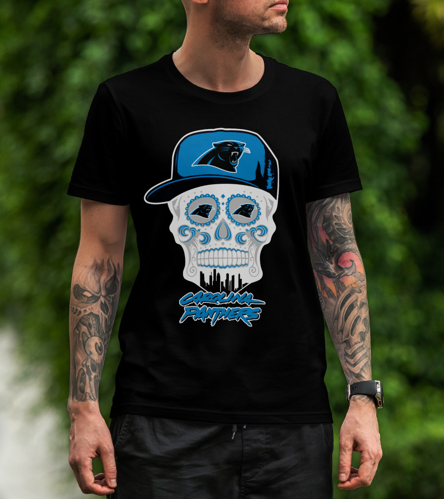 Carolina Panthers Skull With Hat And Skyline T-Shirt