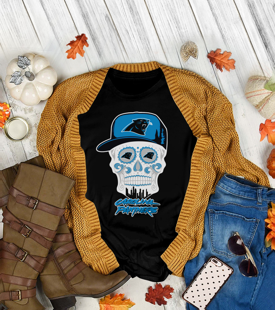 Carolina Panthers Skull With Hat And Skyline T-Shirt
