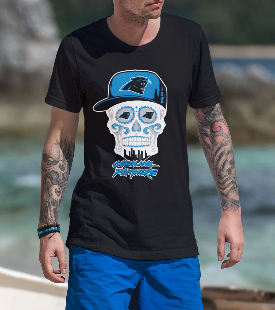 Carolina Panthers Skull With Hat And Skyline T-Shirt