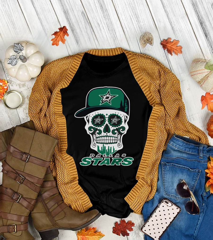Dallas Stars Skull Dia De Los Muertos Baseball Cap T-Shirt