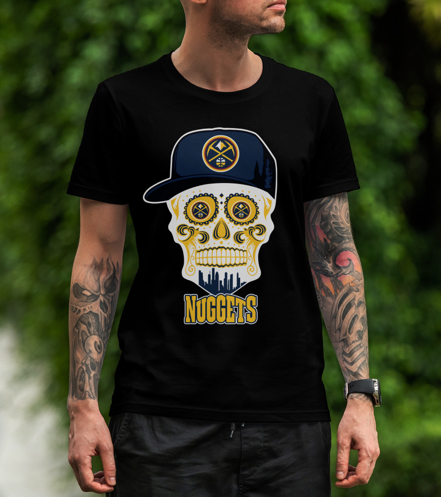 Denver Nuggets Skull Design With Cap And City Silhouette T-Shirt