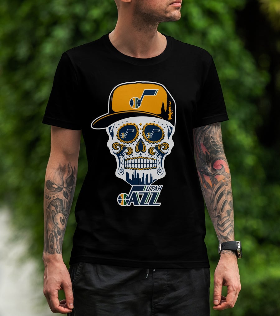 Utah Jazz Skull With City Skyline And Jazz Logo Cap T-Shirt