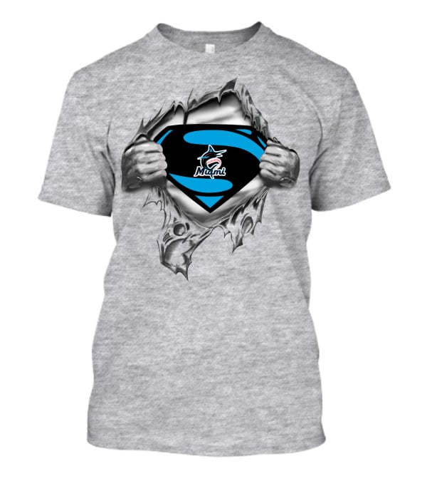 Miami Marlins Superman Emblem With Torn Fabric T-Shirt