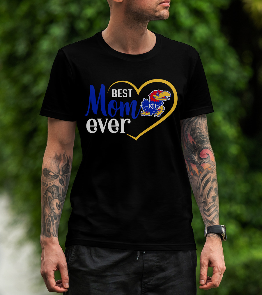Kansas Jayhawks Best Mom Ever Heart Emblem Ku T-Shirt