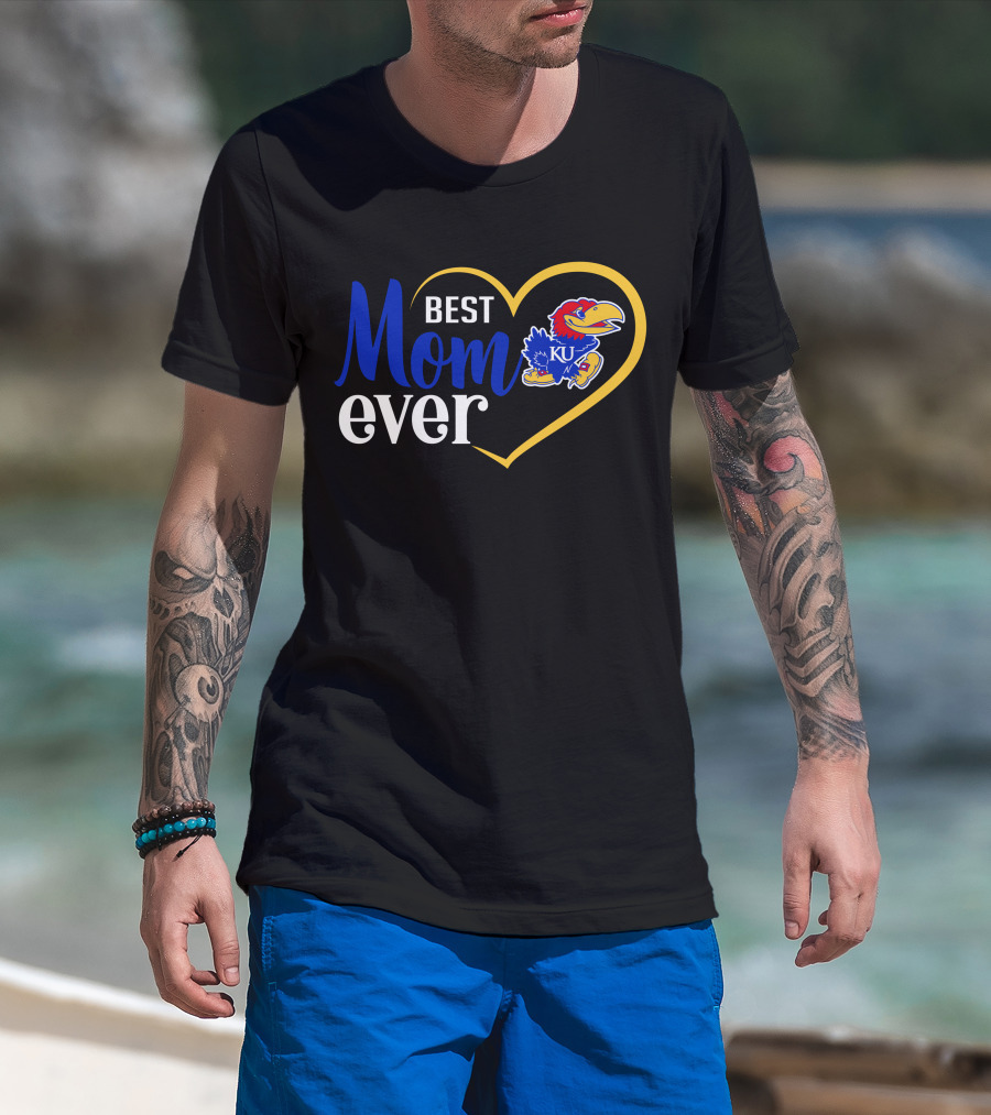 Kansas Jayhawks Best Mom Ever Heart Emblem Ku T-Shirt