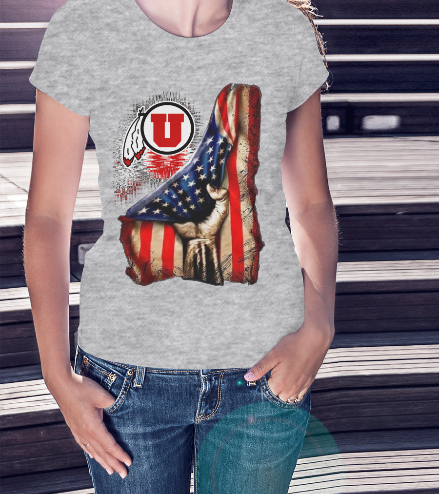 Utah Utes American Flag Background And Hand T-Shirt