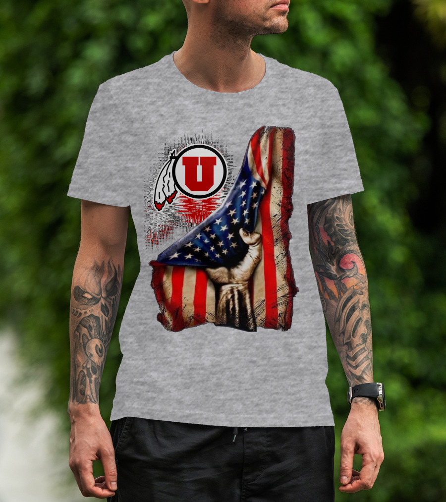 Utah Utes American Flag Background And Hand T-Shirt