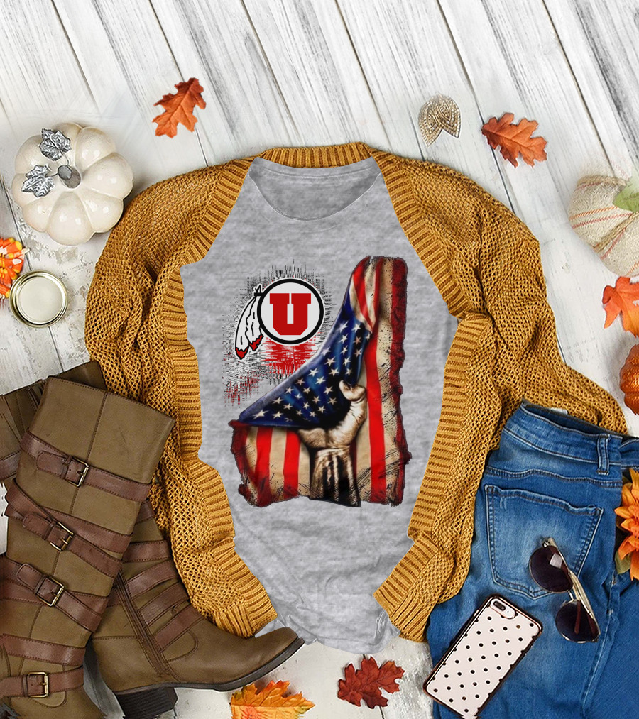 Utah Utes American Flag Background And Hand T-Shirt