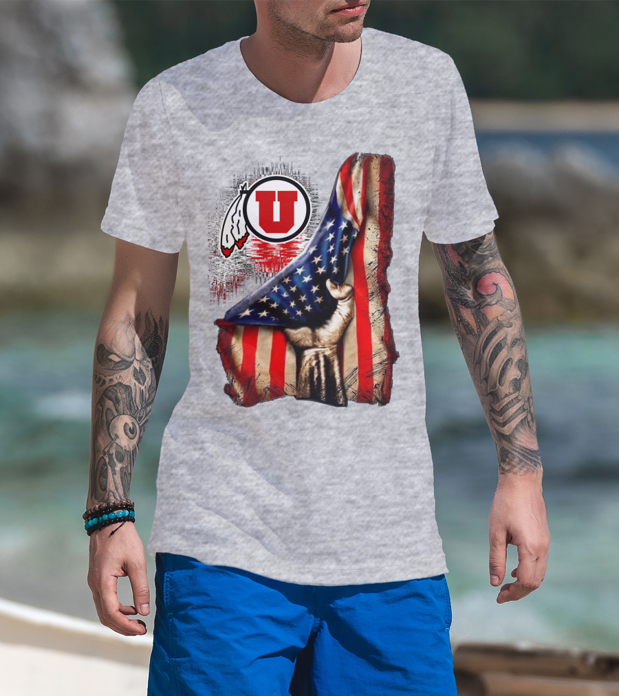 Utah Utes American Flag Background And Hand T-Shirt