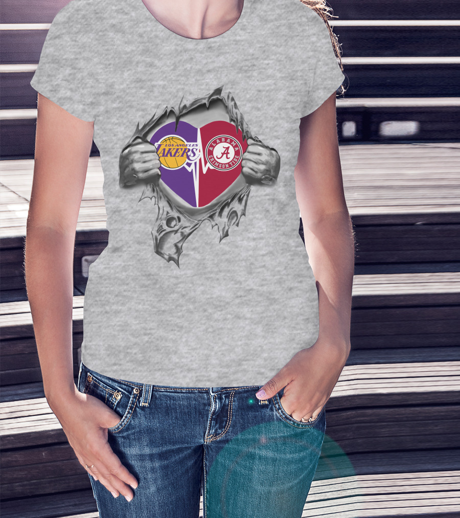 Los Angeles Lakers Alabama Crimson Tide Heart Torn Reveal Passion T-Shirt