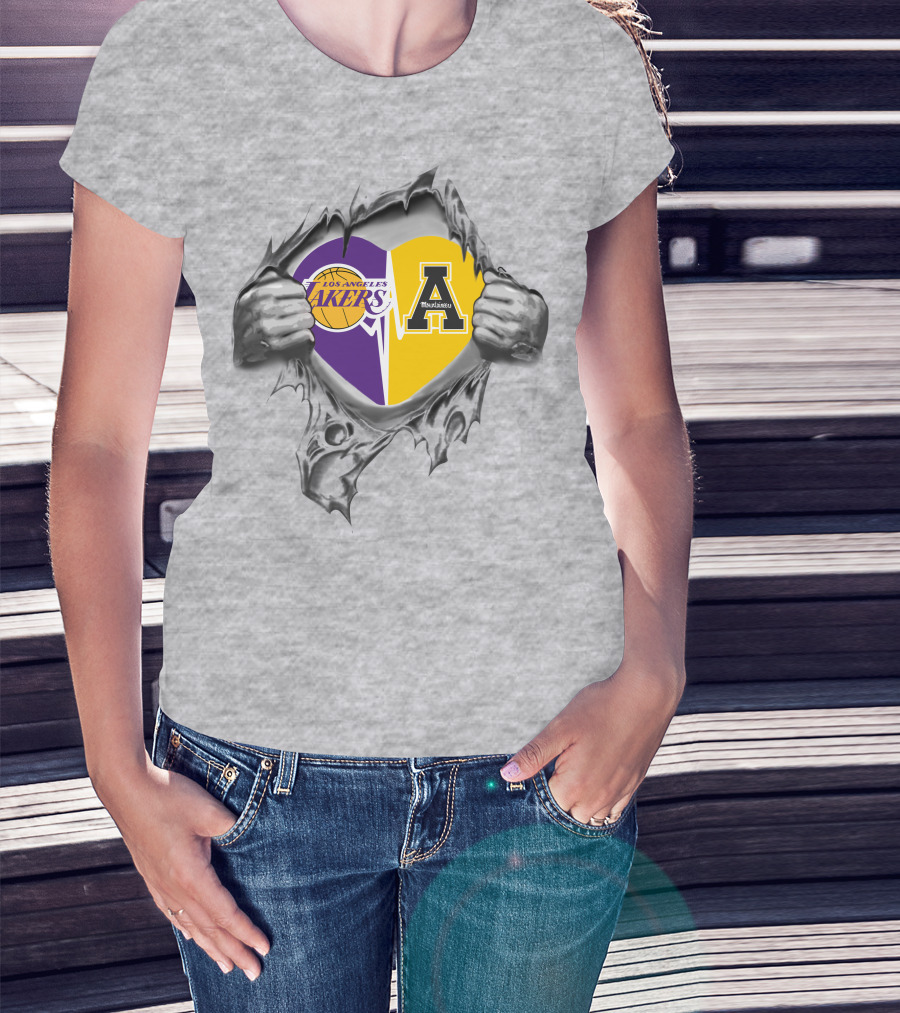 Los Angeles Lakers Appalachian State Mountaineers Heart Logo Tribute T-Shirt
