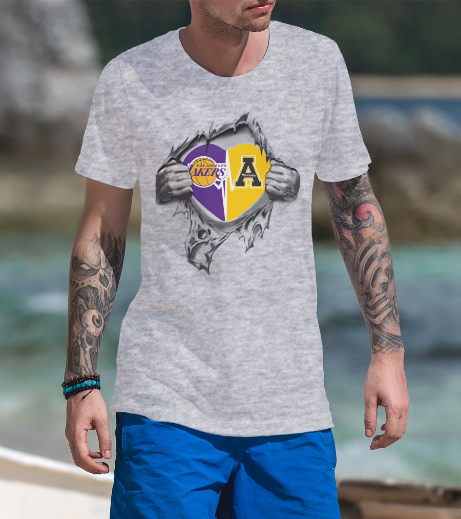 Los Angeles Lakers Appalachian State Mountaineers Heart Logo Tribute T-Shirt