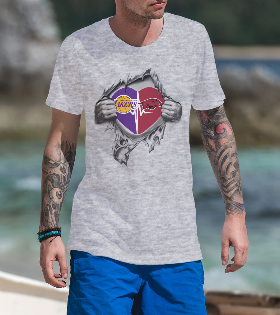 Los Angeles Lakers Arkansas Razorbacks Heartbeat Passion Fusion T-Shirt