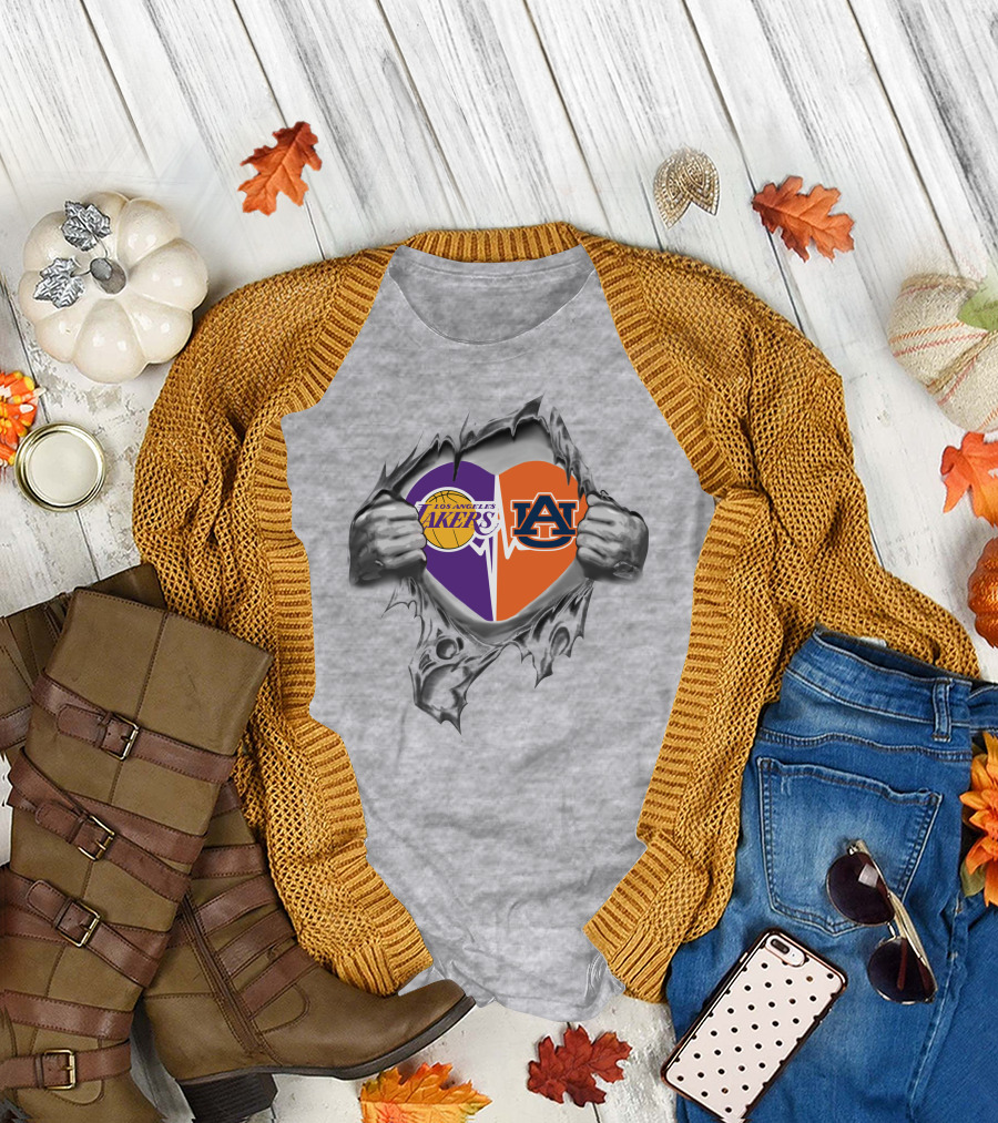 Los Angeles Lakers Auburn Tigers Heart Split Loyalty T-Shirt