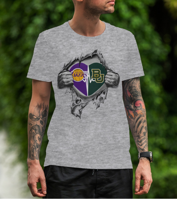 Los Angeles Lakers Baylor Bears Heart Logo Tearing Open T-Shirt