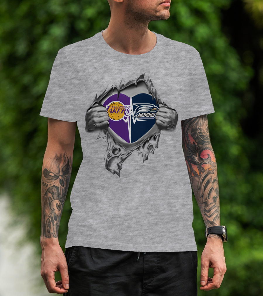 Lakers Georgia Southern Eagles Heart Torn Open Basketball And Football Passion T-Shirt