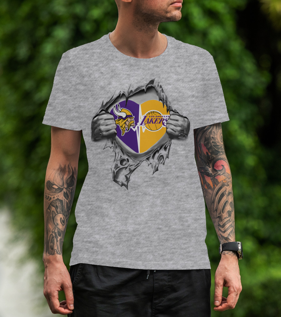 Lakers Minnesota Vikings Heart Logo Ripped Metal T-Shirt