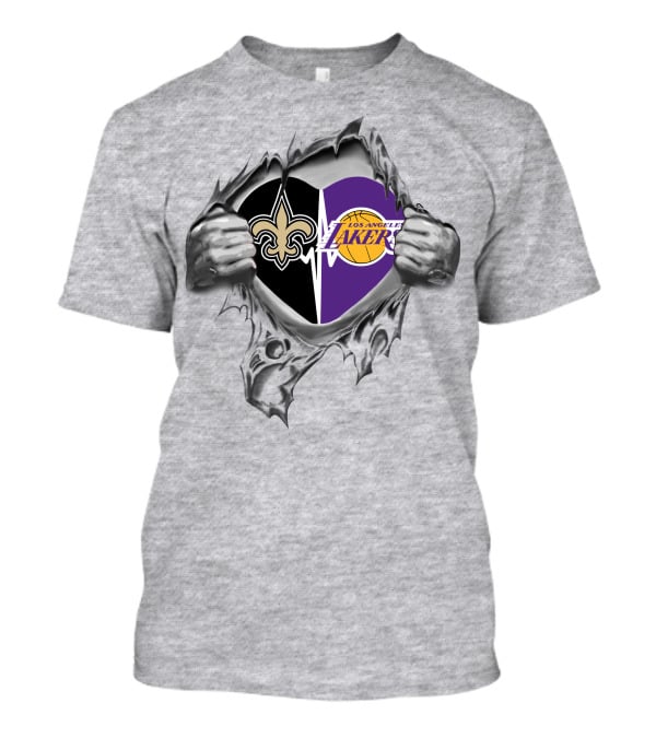 Lakers New Orleans Saints Heart With Logos Tearing T-Shirt