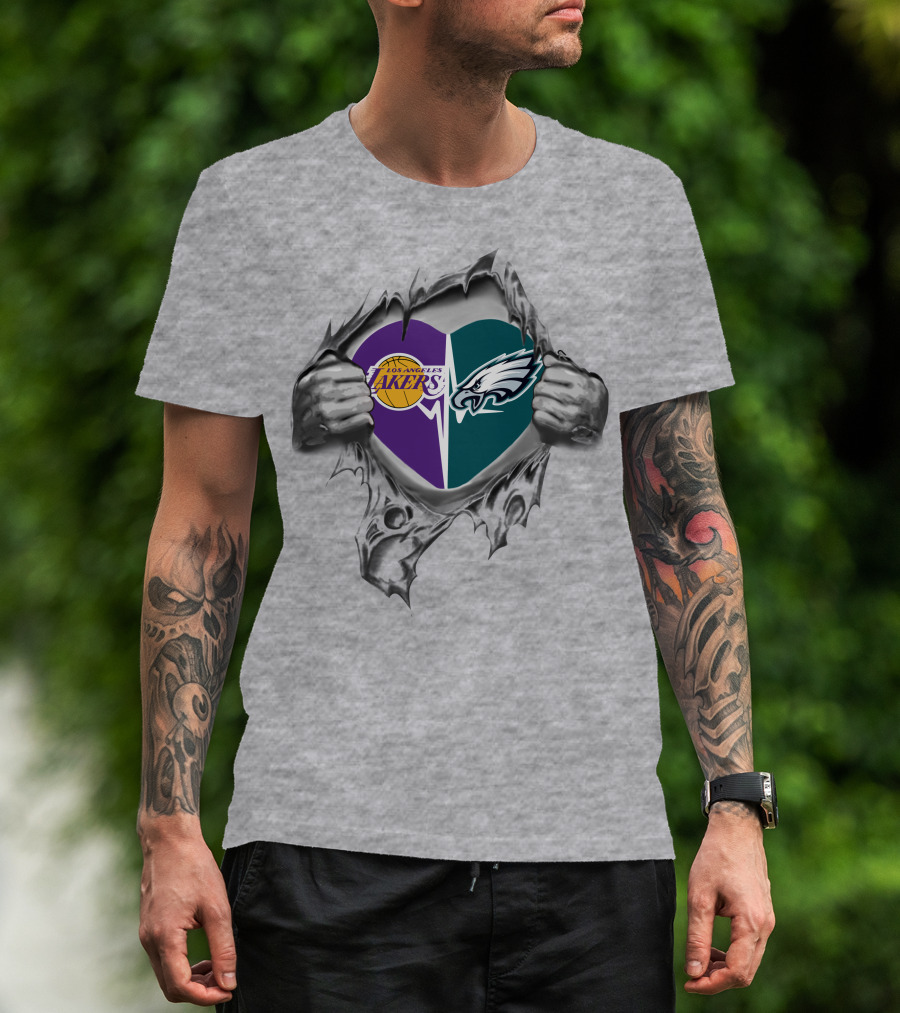 Los Angeles Lakers Philadelphia Eagles Heart Ripped T-Shirt