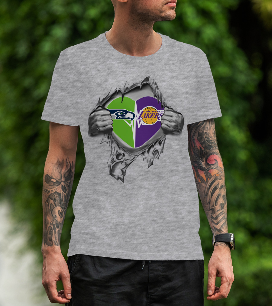 Lakers Seattle Seahawks Heart Design With Logos T-Shirt